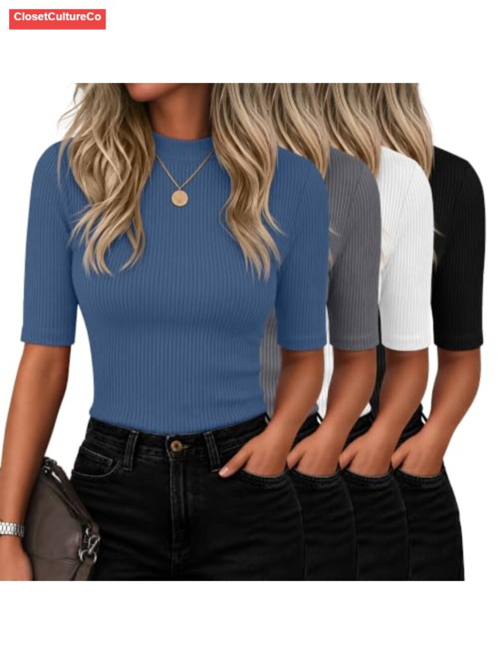 Women Mock Neck Half Sleeve Ribbed Slim Fit T-Shirts 4 Pack